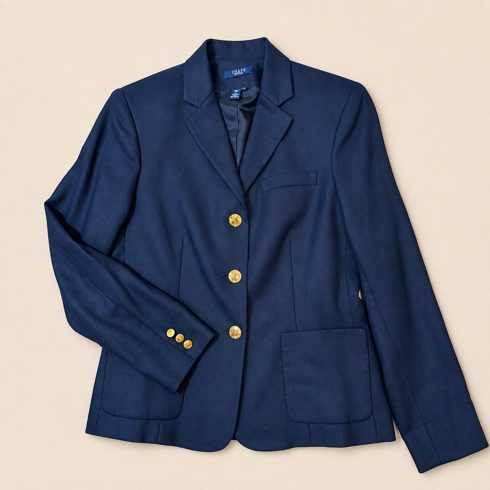 Linen Navy Classic Gold Button Blazer (8) Womens Office Professional Business